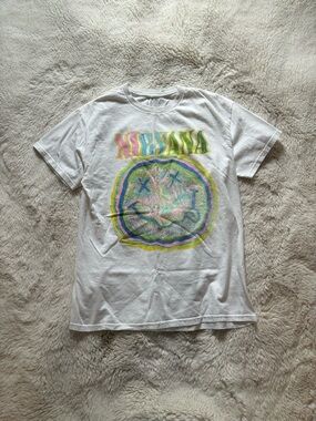 Nirvana White Smiley Logo Multi Color Graphic Print T-Shirt